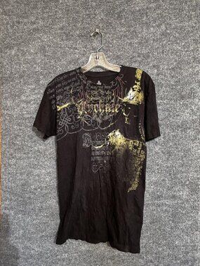 Archaic Shirt Mens Medium Black Skull Wings Script Graphic Tee Gothic All Over